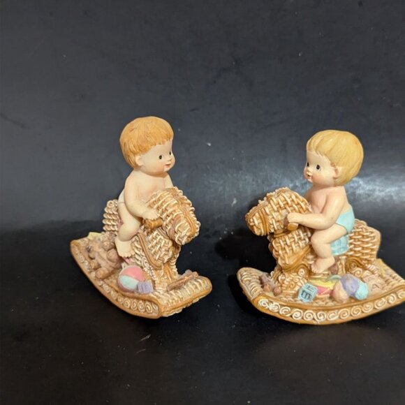 Two Resin Baby Figurines Riding Rocking Horse Vintage Decor 3.5" Nursery - Picture 6 of 8
